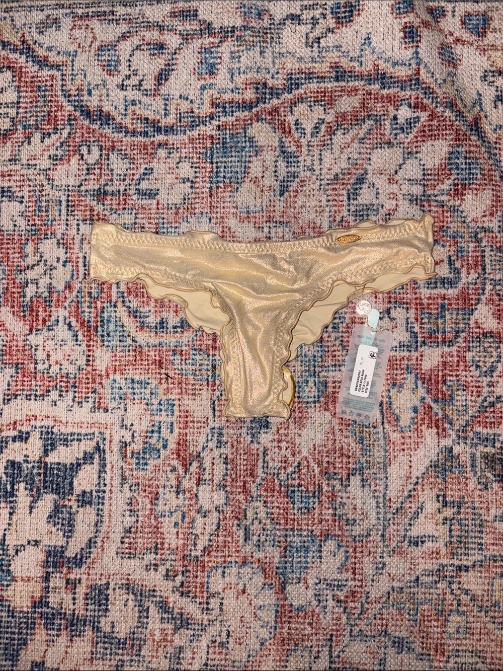 Luli Fama Cosita Buena Wavey Brazilian Ruched Bikini Bottoms Gold Rush SZ S NWT